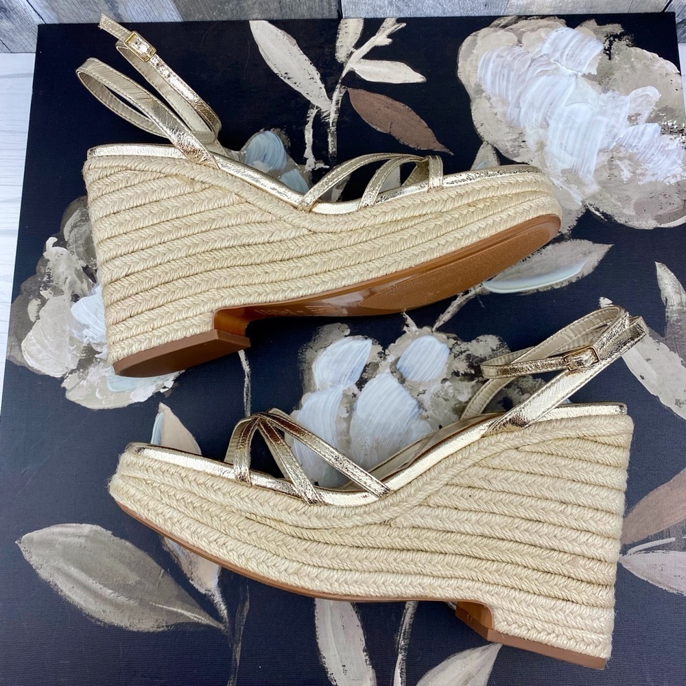 ZARA Gold Metallic Wedge Strappy Sandals in Gold Size 10. - Picture 5 of 9
